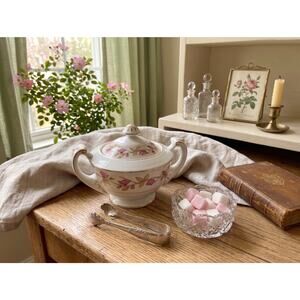 Vintage Valmont China Briar Rose Covered Sugar Bowl | Pink Floral Gold Rim